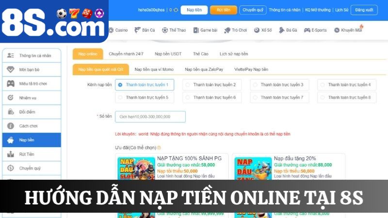 nạp tiền 8S qua phương thức online