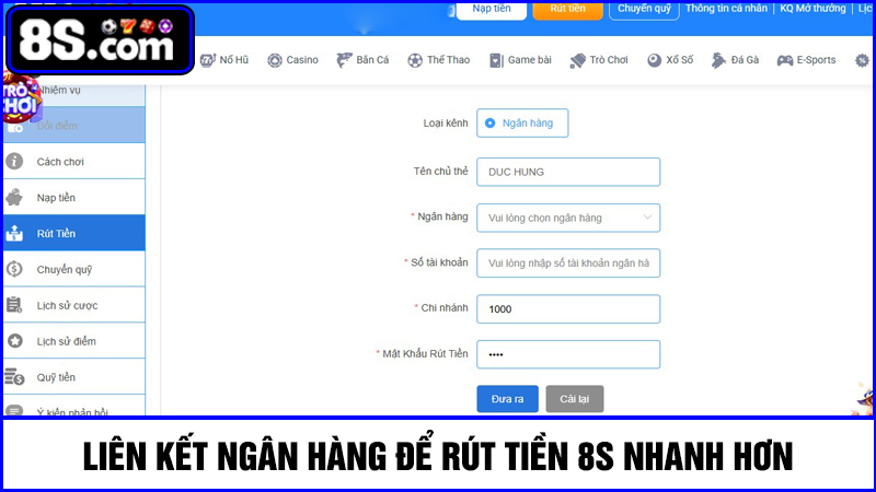 liên kết ngân hàng rút tiền 8S